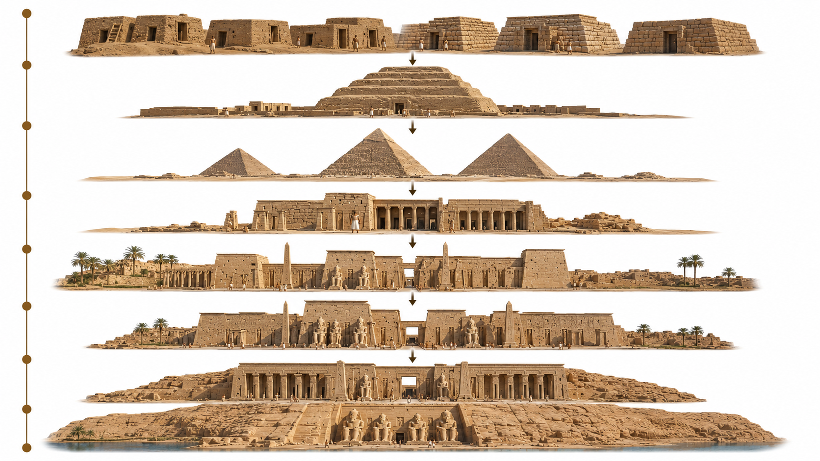 سیر تحول معماری مصر باستان از خانه‌های خشتی، مصطبه، هرم پلکانی جوزر، اهرام جیزه تا معابد بزرگ و ابوسمبل